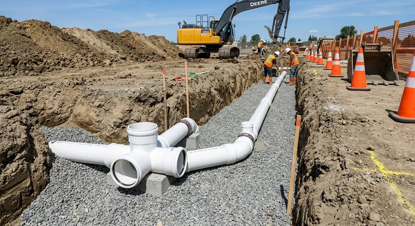 New PVC sewer pipe installation in open trench for Grease Trap Cleaning in Des Moines