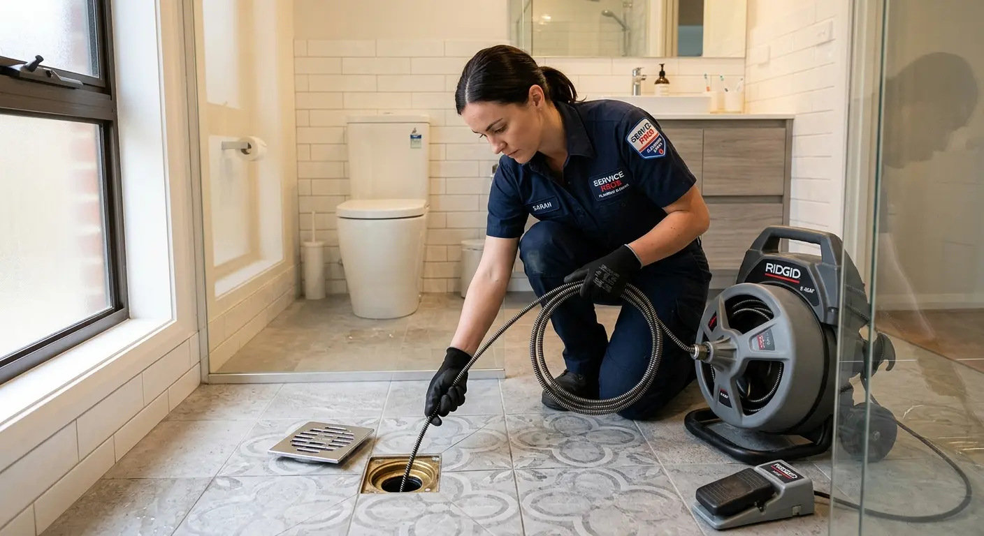 Technician clearing a bathroom floor drain for Sewer Line Installation in Des Moines